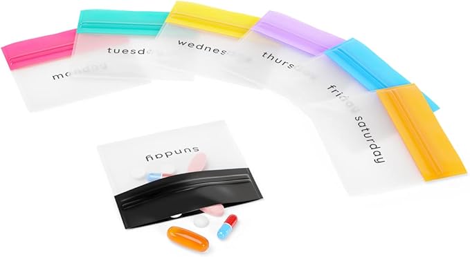 EZY DOSE Reusable 7-Day Pill Pouch Set, Durable Multi-Purpose Travel-Sized Baggies, Includes Days of The Week Labels w/Color for Easy Identification, Silicone Storage, Clear, BPA Free, TSA Approved