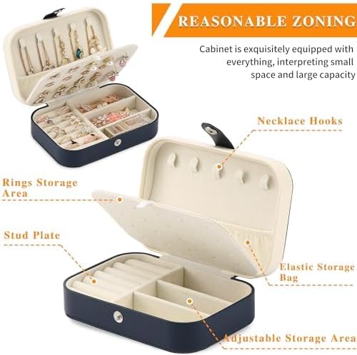 Travel Jewelry Box, PU leather Small Jewelry Organizer For Female Girls, double layer portable mini travel case for storing earrings, rings, necklaces.(dark blue 2pcs)
