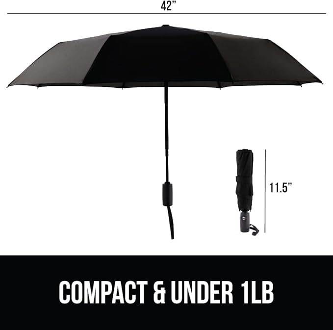 GORILLA GRIP Strong Stick Umbrella for Rain, Compact Travel One-Click Automatic Open Close, Lightweight, Portable, US Designed Reinforced Fiberglass Ribs, Wind Resistant Easy Collapse, Black 2 Pack