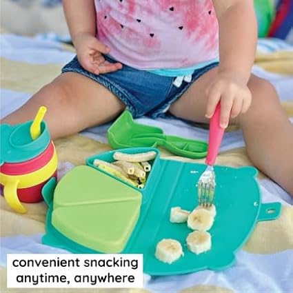On-The-Go Snack Mat – Baby Silicone Travel Dining Placemat – Portable Silicone Toddler Plate – Reusable Snack Container with 3 Compartments and Lids for 6 Months + (Ocean)