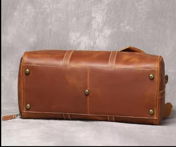Mullis Mercantile Leather Weekender Travel Bag, a timeless classic. This vintage leather duffle bag is perfect for airline carry on, full-grain leather, a retro design, gym, and a YKK zipper in brown.