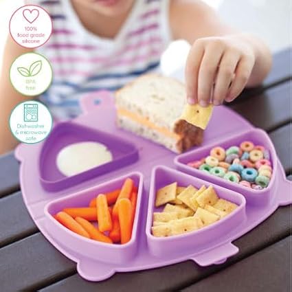 On-The-Go Snack Mat – Baby Silicone Travel Dining Placemat – Portable Silicone Toddler Plate – Reusable Snack Container with 3 Compartments and Lids for 6 Months + (Aqua)