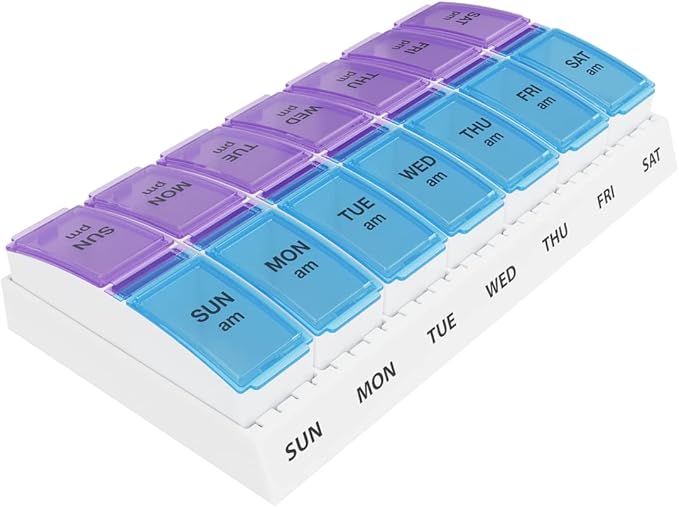 Ezy Dose Weekly (7-Day) AM/PM Pill Organizer, Vitamin and Medicine Box, Small Pop-out Compartments, 2 Times a Day, Blue and Purple Lids