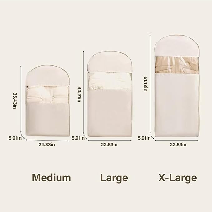 Space Saving Hanging Garment Bag with Self Compression Zipper, Space-Saving Dust-Proof Down Jacket Compression Storage Bag for Coats Blankets, Sweaters, Seasonal Clothes(Beige, L)