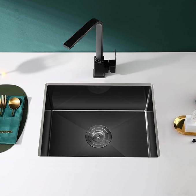 22 x 18 Inch Undermount Kitchen Sink, 18 Gauge Stainless Steel Handmade Single Bowl Kitchen Sink, 9 Inch Deep Bowl Bar Sink, Black