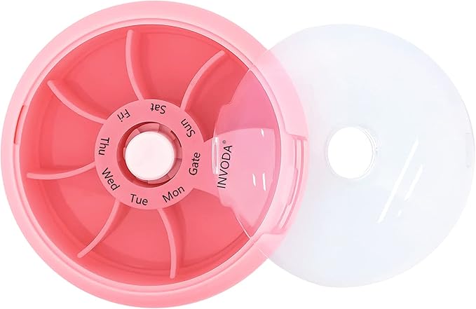 INVODA Weekly Pill Organizer 7 Compartment Rotating Pill Box for Daily Medication & Vitamins - Portable Travel Pill Case Fish Oil Supplements Vitamins Organizer (Pink+Bag)