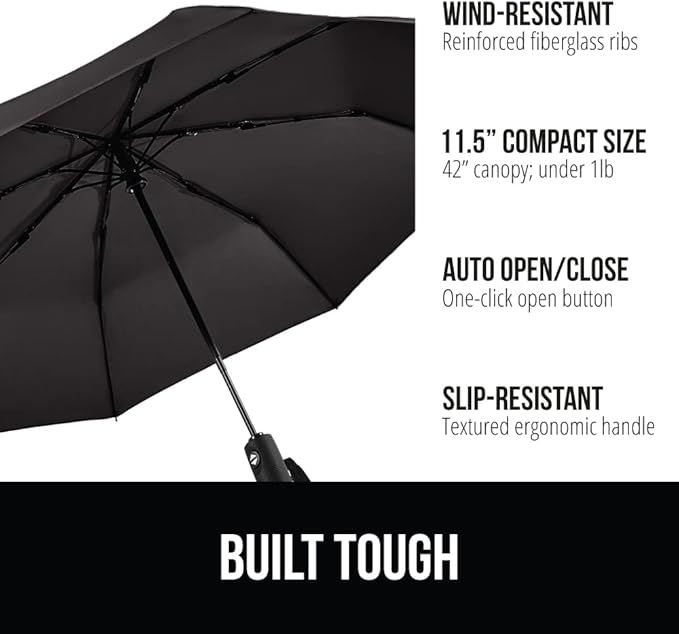 GORILLA GRIP Strong Stick Umbrella for Rain, Compact Travel One-Click Automatic Open Close, Lightweight, Portable, US Designed Reinforced Fiberglass Ribs, Wind Resistant Easy Collapse, Black 2 Pack