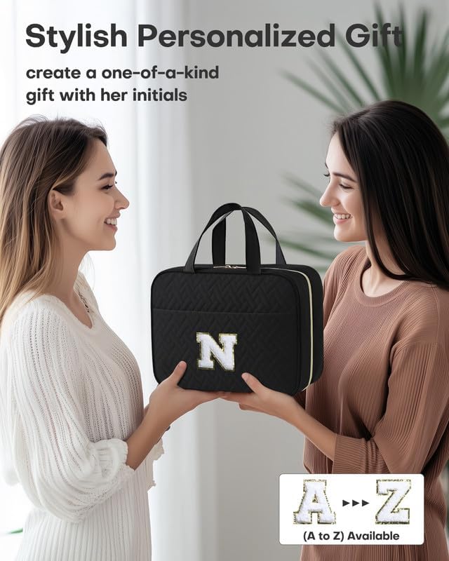 HOTOR Travel Toiletry Bag - Personalized Chenille Initial Makeup Bag, Water-Resistant Personalized Gifts for Women, Portable Travel Accessories & Essentials, Letter N, Black, 11.4"×9.0"×3.35"