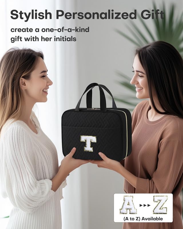 HOTOR Travel Toiletry Bag - Personalized Chenille Initial Makeup Bag, Water-Resistant Personalized Gifts for Women, Portable Travel Accessories & Essentials, Letter T, Black, 11.4"×9.0"×3.35"
