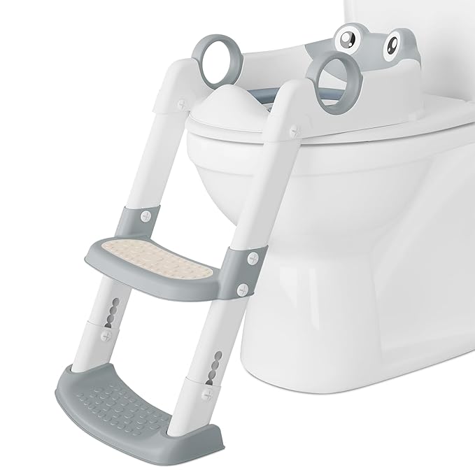 Potty Training Seat with Step Stool Ladder, Toddler Toilet Seat with PU Cushion, Adjustable 5-Level Height, Foldable Potty Training Toilet for Kids Boys Girls, Anti-Slip Pads Ladder