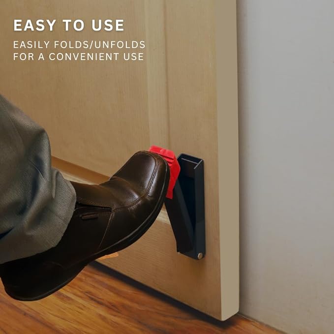 Door Stop, No Drill Door Stopper - Kickdown Doorstop for Home, Glass Doors, & Outdoors, Easy to Install Doors with Self Adhesive Door Stopper, No Screw Flip Down Portable Door Stopper - Black