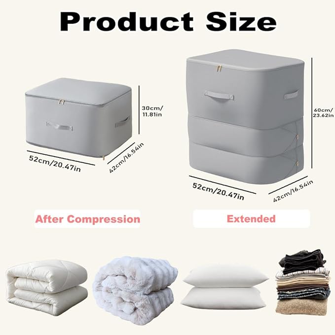 Ultra Space Saving Self Compression Organizer, 2025 New 3-Layer Zipper Large Capacity Storage Bag, Thick Satin Fabric Heavy Duty Bags for Comforters Blankets Bedding Duvet (Gray, X-Large, 2PC)