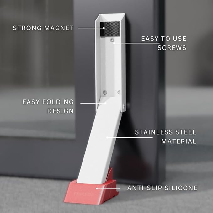 2 Pack Door Stop, No Drill Door Stoppers - Kickdown Doorstop for Home, Glass Doors, & Outdoors, Easy to Install Doors with Self Adhesive Door Stopper, No Screw Flip Down Portable Door Stopper - White