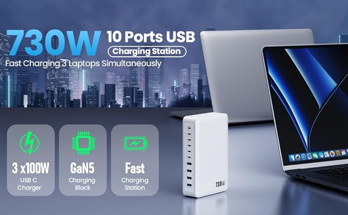 730W USB C Charger Block,10-Ports GaN V Fast Charging Station Hub,QC4.0+3 PD 100W Laptop Charger Wall Power Adapter for MacBook Pro/Air,DELL,iPhone 17/16/15/14,iPad,Galaxy S25,Pixel,Steam Desk-Silver