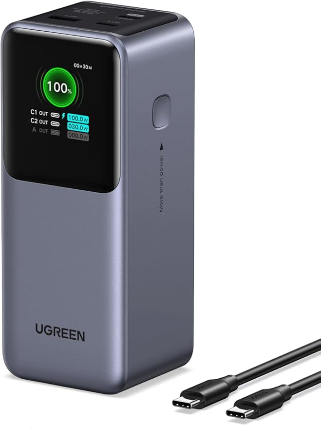 UGREEN Nexode Power Bank 20000mAh 130W Portable Charger 72Wh PD Fast Charging 3-Port USB C Battery Pack with TFT Smart Display for MacBook/iPad/iPhone 16/Samsung S24 and More