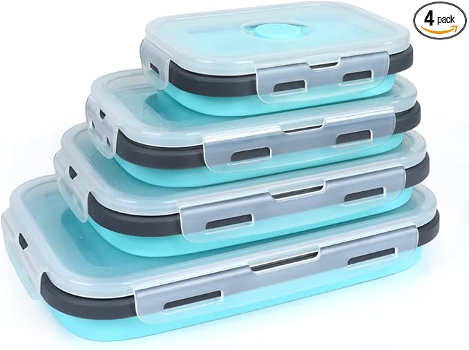 Set of 4 Collapsible Foldable Silicone Food Storage Containers,Ktichen Collapsible Storage Bowls with Airtight Plastic Lids for Leftover, Silicone Lunch Box-Microwave,Dishwasher,Freezer Safe