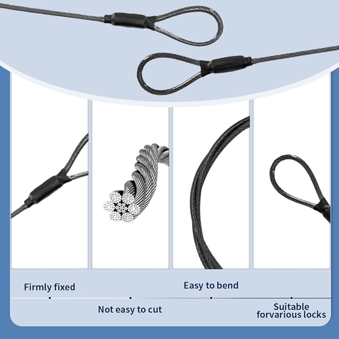 3.3mm Steel Wire Rope Outdoor Travel Security Cable Lock,Braided Steel Coated Safety Cable Luggage Lock,Safety Cable Wire Rope Chain Lock Double Loop Lightweight (Black, 24in/2Pcs)