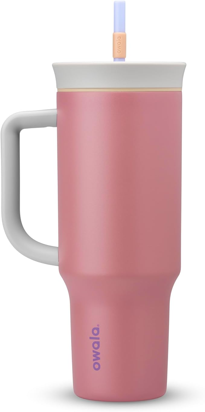 Owala Stainless Steel Triple Layer Insulated Travel Tumbler with Spill Resistant Lid, Straw, and Carry Handle, BPA Free, 40 oz, Dusty Pink (Yoga Rose)