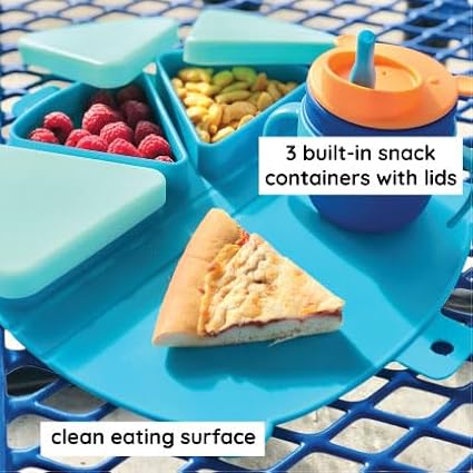 On-The-Go Snack Mat – Baby Silicone Travel Dining Placemat – Portable Silicone Toddler Plate – Reusable Snack Container with 3 Compartments and Lids for 6 Months + (Aqua)