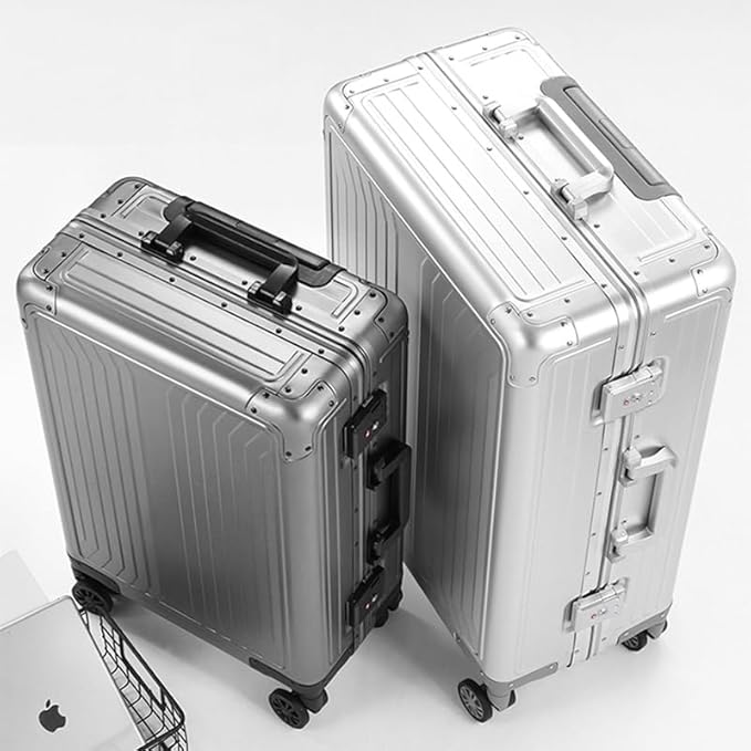 Metal all aluminum carry-on suitcase 20 "hard face, TSA lock and rotating wheel zippered luggage set (blue, 2Piece(20/28))