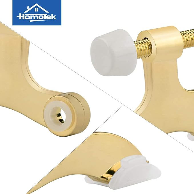 HOMOTEK 12 Pack Hinge Pin Bright Brass Door Stopper, Gold Door Stops, Adjustable Deluxe Heavy Duty Door Stopper 2-1/2"x1-3/4”,with White Rubber Bumper Tips
