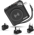 PWR Travel PRO 5-in-1 Power Bank – 10,000mAh with Built-in Cables – 20W USB-C + 15W Wireless Charging – Compact Portable Charger for iPhone & Android- Black