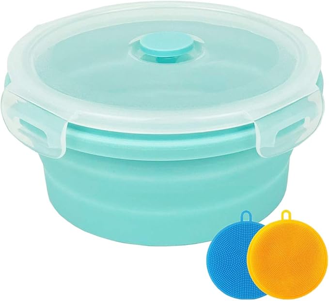 Collapsible Bowl Silicone Collapsible Container Food Storage Containers Collapsible Camping Bowl for Travel Camping Hiking with Airtight Plastic Lids and 2Pack Silicone Dish Sponges- Blue, 800ml