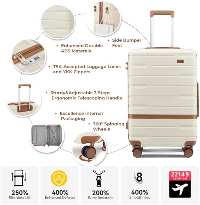 Luggage Sets 3 Piece with TSA Lock Hardside PC+ABS Carry On Suitcase with Spinner Wheels Lightweight Rolling Travel Luggage Sets with YKK Zippers (Beige)