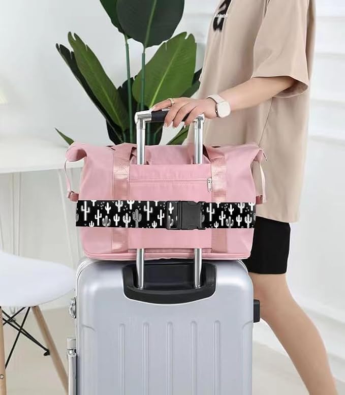 Luggage Straps for Suitcases Travel Belt Accessories, Cute Suitcase Strap, Adjustable Luggage Belt Strap, Heavy Duty with Quick-Release Buckle Luggage Strap Black White Cacti