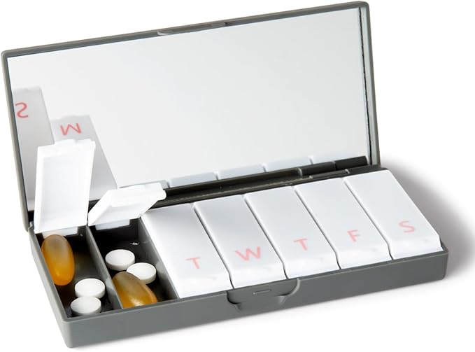 PORT X POLISH Designer Weekly Pill Box Organizer (Single 1X Daily, Charcoal Gray) | Compact, Stylish 7-Day Vitamin Supplement Case | Cute Portable Mini Travel Medicine Carrier | BPA-Free Pillbox Caddy