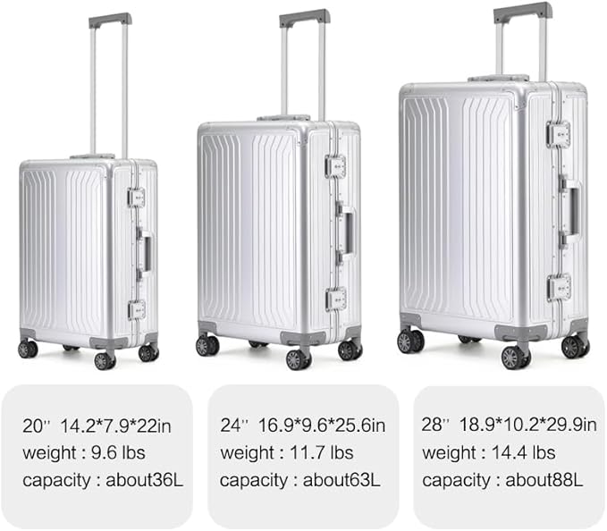 Metal all aluminum carry-on suitcase 20 "hard face, TSA lock and rotating wheel zippered luggage set (blue, 28 '')