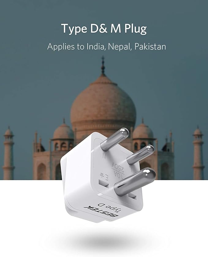 BESTEK India, South Africa Travel Plug Adapter, Grounded Universal Type D Plug Adapter India to US Adapter - Ultra Compact for India, Sudan, Pakistan and More, 3 Pack