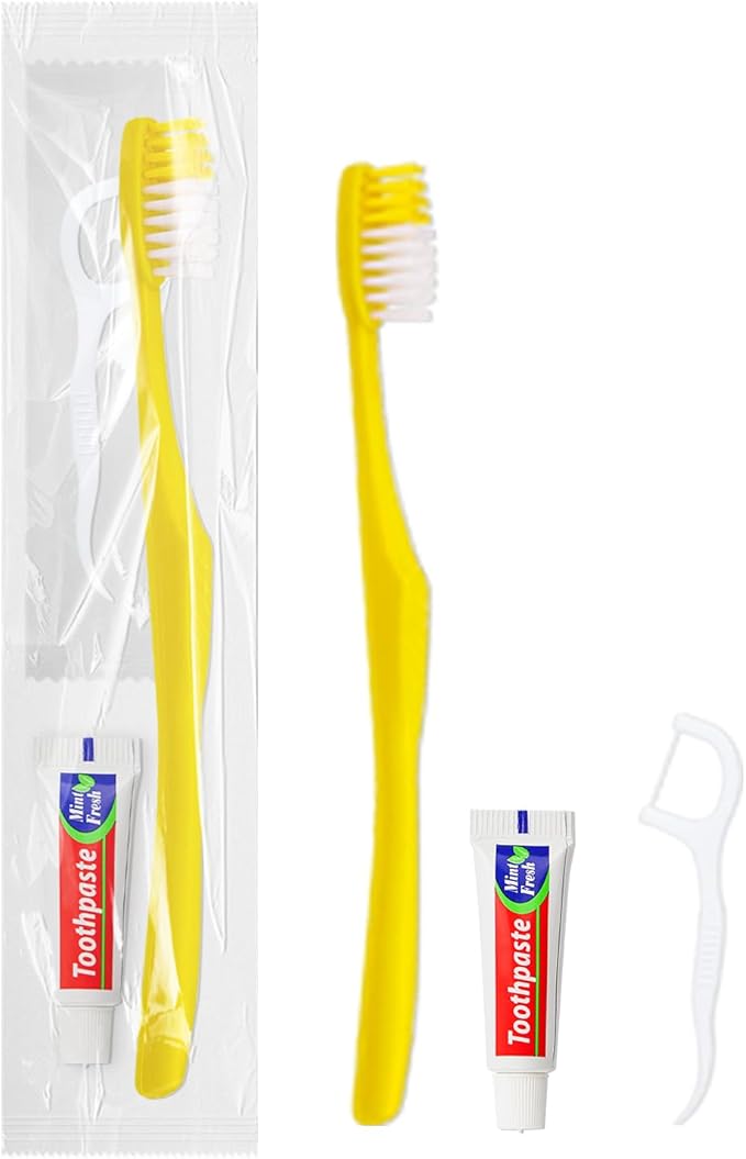 200pcs Disposable Toothbrushes with Toothpaste and Floss,Yellow Bulk Single Use Toothbrush Floss Pick Individually Wrapped Disposable Travel Toothbrushes Kit for Homeless,Airbnb,Hotel,Guest