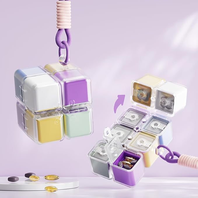 Travel Pill Organizer,Magnetic Cube Cute Pill Box,Pill Compact with 8 Compartment,Vitamin Cases Organizers 7 Day for Vitamins & Supplements (White)