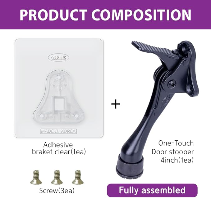 Door Stopper with Adhesive Bracket Stickers, No Drilling or Tools Needed, Available for All Doors, Door Holder, Heavy Door Stop, KickDown Door Stoppers, Bottom of Door by HASHI (Black/Bracket 4pack)