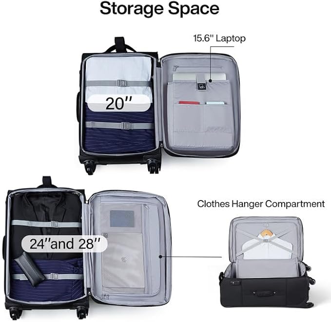 Hanke 3 Piece luggage Sets Softside Expandable luggage with Spinner Wheels TSA Lock,Travel Lightweight Luggage Sets,Black