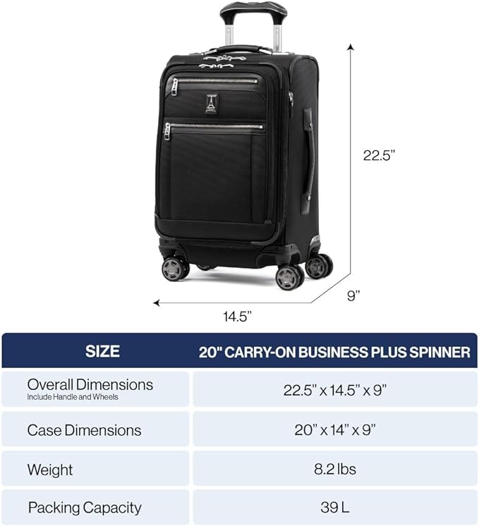Travelpro Platinum Elite Softside Expandable Carry on Luggage, 8 Wheel Spinner Suitcase, USB Port, Laptop and Tablet Sleeves, Men and Women, Shadow Black, Carry On 20-Inch