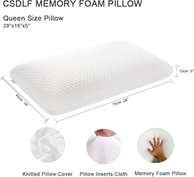 Memory Foam Bed Pillows, Pillow for Side and Back Sleeper, Pillow for Neck Pain Relief, Washable Removable Cover, Soft, White (Queen)
