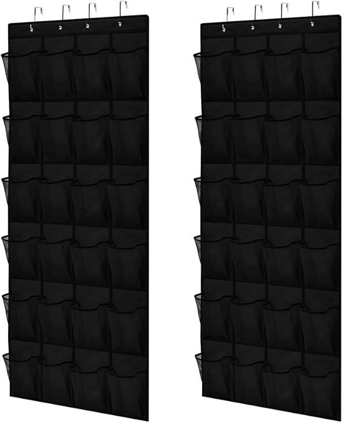 GORILLA GRIP Over the Door Shoe Organizer, 2 Pack, 24 Breathable Mesh Pockets, Space Saving Hanging Storage Holder, Closet Rack Hanger Holds Up to 40 lbs, Hangs on Closets, Shoes, Accessories, Black