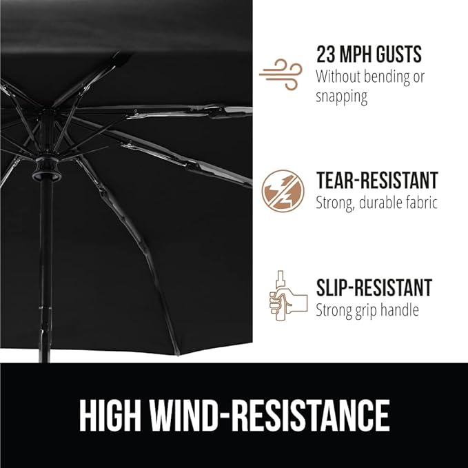 GORILLA GRIP Windproof Compact Stick Umbrella for Rain, Travel One-Click Automatic Open and Close, Strong, Lightweight, Stocking Stuffer, White Elephant Holiday Gift, Portable, Easy Collapsible, Black