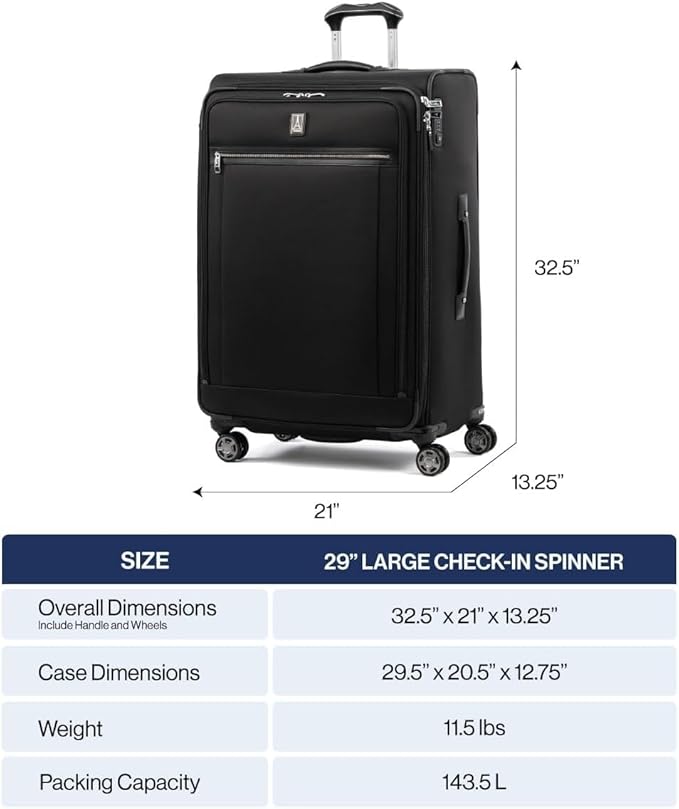 Travelpro Platinum Elite Softside Expandable Checked Luggage, 8 Wheel Spinner Large Suitcase, TSA Lock, Men and Women, Dark Blue, Checked Large 29-Inch