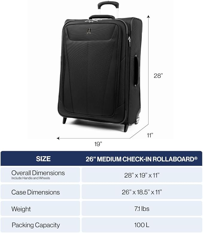 Travelpro Maxlite 5 Softside Expandable Upright 2 Wheel Checked Luggage, Lightweight Suitcase, Men and Women, Black, Checked Medium 26-Inch
