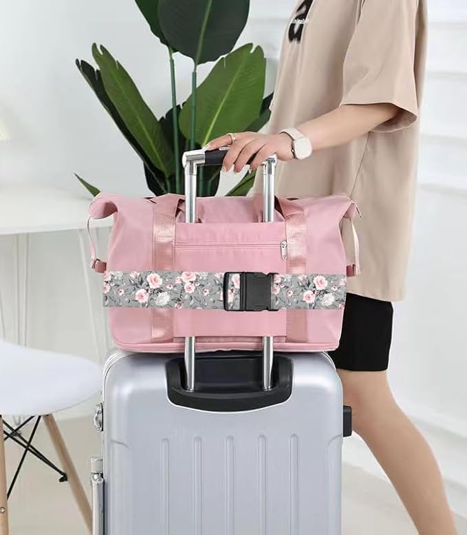 Luggage Straps for Suitcases Travel Belt Accessories, Cute Suitcase Strap, Adjustable Luggage Belt Strap, Heavy Duty with Quick-Release Buckle Luggage Strap Grey Pink Roses