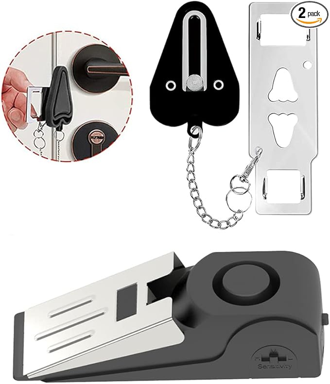 2 Packs Portable Door Stop Alarm & Door Lock, Upgraded Home Security Door Locker Devices Pocket Door Stopper Self Defensey Tools for Hotel Travel Home Apartment House