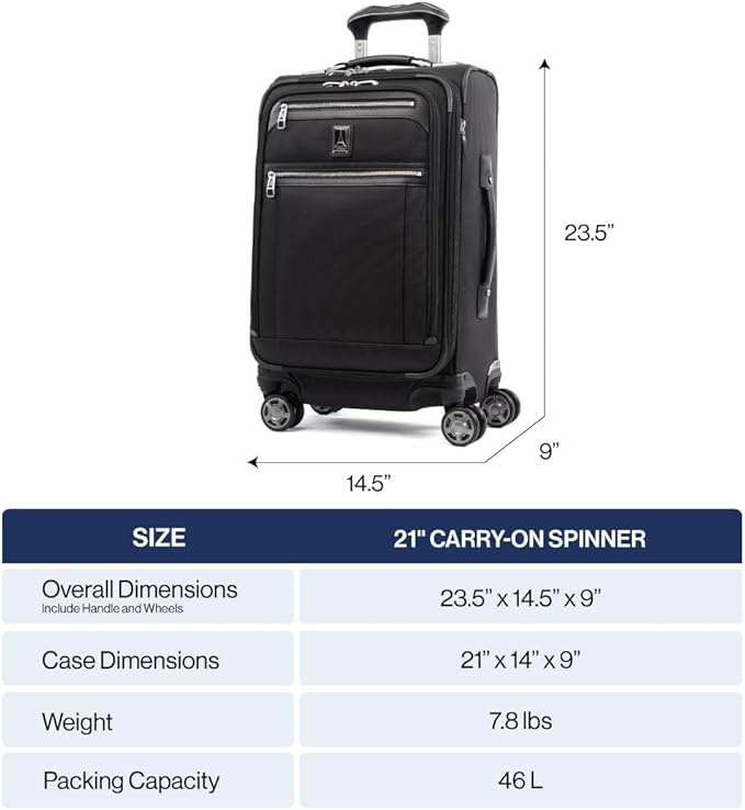 Travelpro Platinum Elite Softside Expandable Carry on Luggage, 8 Wheel Spinner Suitcase, USB Port, Suiter, Men and Women, Shadow Black, Carry On 21-Inch