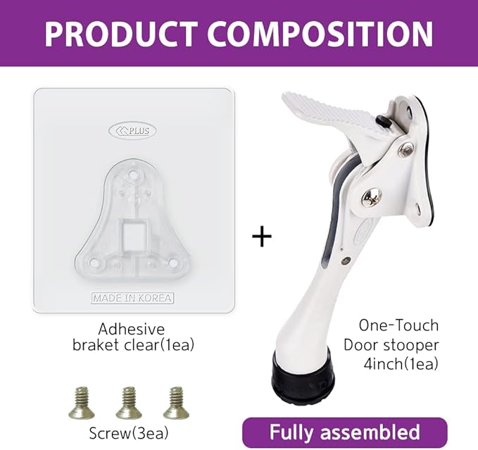 Door Stopper with Adhesive Bracket Stickers, No Drilling or Tools Needed, Available for All Doors, Door Holder, Heavy Door Stop, KickDown Door Stoppers, Bottom of Door by HASHI (White/Bracket 2pack)