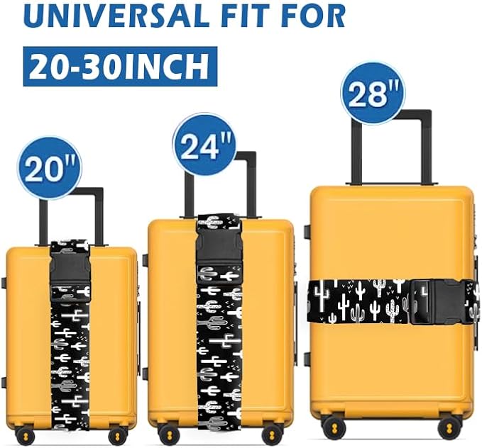 Luggage Straps for Suitcases Travel Belt Accessories, Cute Suitcase Strap, Adjustable Luggage Belt Strap, Heavy Duty with Quick-Release Buckle Luggage Strap Black White Cacti