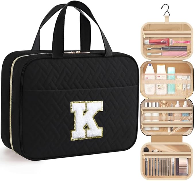 HOTOR Travel Toiletry Bag - Personalized Chenille Initial Makeup Bag, Water-Resistant Personalized Gifts for Women, Portable Travel Accessories & Essentials, Letter K, Black, 11.4"×9.0"×3.35"