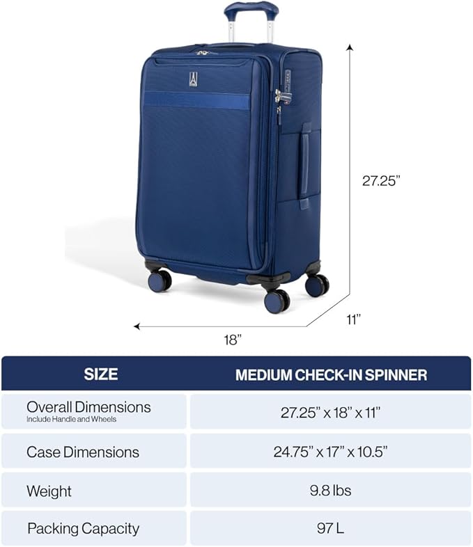 Travelpro VersaPack+ Lightweight Softside Expandable Checked Luggage, 8 Spinner Suitcase, TSA Lock, Men and Women, Checked Medium 25-Inch, Black