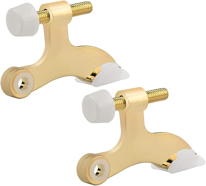HOMOTEK 2 Pack Hinge Pin Bright Brass Door Stopper, Gold Door Stops, Adjustable Deluxe Heavy Duty Door Stopper 2-1/2"x1-3/4”,with White Rubber Bumper Tips